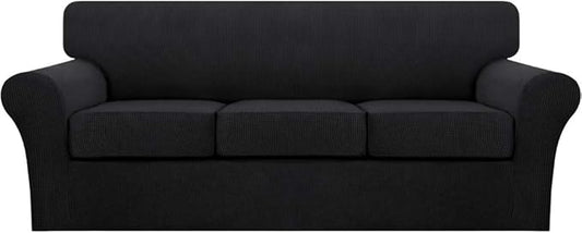 Turquoize 4 Piece Sofa Covers for 3 Cushion Couch Sofa Slipcover Soft Couch Cover for Dogs Washable Furniture Cover with 3 Individual Large Cushion Covers Feature Fabric (Large Sofa, Black)