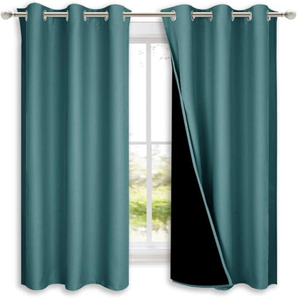 NICETOWN 100% Blackout Short Curtains with Black Liners, 2 Panels, 37" W by 60" L, Sea Teal, Solid Thermal Insulated Full Blackout 2-Layer Lined Drapes, Energy Efficiency Window Draperies for Bedroom