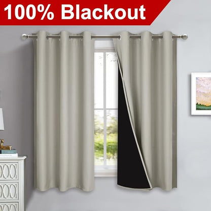 NICETOWN Natural 100% Blackout Lined Curtains, 2 Thick Layers Completely Blackout Window Treatment Panels Thermal Insulated Drapes for Kitchen (1 Pair, 42" Width x 63" Length Each Panel)