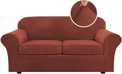 H.VERSAILTEX Real Velvet Plush 3 Piece Stretch Sofa Covers Couch Covers for 2 Cushion Couch Sofa Slipcovers (Base Cover Plus 2 Large Cushion Covers) Thick Soft Stay in Place (Large Sofa, Rust