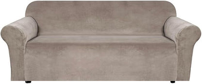 H.VERSAILTEX Stretch Velvet Sofa Covers for 3 Cushion Couch Covers Furniture Protector Soft with Non Slip Elastic Bottom, Crafted from Thick Comfy Rich Velour (Large Sofa 90"-97", Taupe)