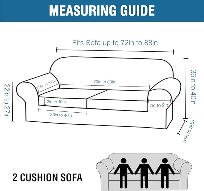 H.VERSAILTEX 3 Piece Stretch Sofa Covers for 2 Cushion Sofa Couch Covers for Living Room Furniture Cover (Base Cover Plus 2 Seat Cushion Covers) Thicker Jacquard Fabric(Large Sofa, Dusty Blue)