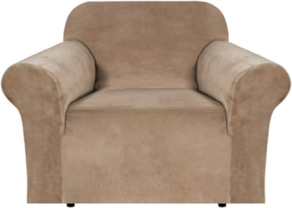 H.VERSAILTEX Stretch Velvet Armchair Cover Couch Covers 1 Cushion Chair Slipcover for Living Room Furniture Cover Crafted from Thick Comfy Rich Velour (Chair 31"-49", Camel)