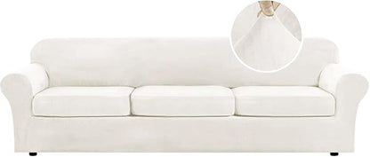 H.VERSAILTEX Modern Velvet Plush 4 Piece High Stretch Sofa Slipcover Furniture Protector Form Fit Velvet Extra Large Sofa Cover for 3 Cushion Couch Width Up to 105 Inch (XL Sofa, Porcelain White)