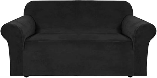 H.VERSAILTEX Stretch Velvet Loveseat Covers for 2 Cushion Couch Covers for Living Room Sofa Covers Slipcovers with Non Slip Straps Bottom, Ultra Thick Comfy Velour (Width 58"-72", Black)