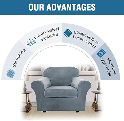 H.VERSAILTEX Rich Velvet Stretch 2 Piece Cover Chair Slipcover Sofa Cover Furniture Protector Couch Soft with Elastic Bottom Chair Couch Cover with Arms Width Up to 49 Inch(Chair, Stone Blue)