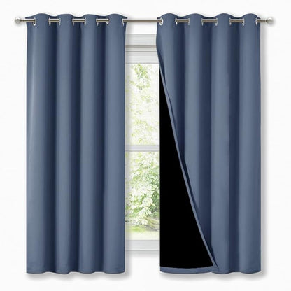 NICETOWN 100% Blackout Curtains with Black Liners, Thermal Insulated Full Blackout 2-Layer Lined Drapes, Energy Efficiency Window Draperies for Bedroom (Stone Blue, 2 Panels, 52-inch W by 63-inch L)