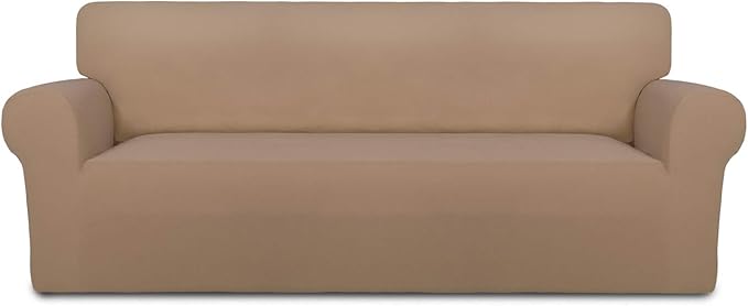 PureFit Super Stretch Sofa Slipcover – Spandex Non Slip Soft Couch Sofa Cover, Washable Furniture Protector with Non Skid Foam and Elastic Bottom for Kids, Pets （Sofa, Camel）