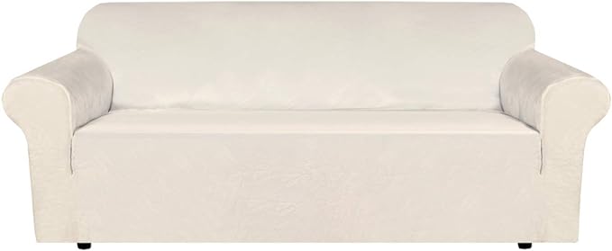 H.VERSAILTEX Stretch Velvet Sofa Covers for 3 Cushion Couch Covers Sofa Slipcovers Furniture Protector Soft with Non Slip Elastic Bottom, Crafted from Thick Comfy Rich Velour (Sofa 72"-90", Ivory)