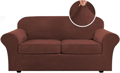 H.VERSAILTEX Real Velvet Plush 3 Piece Stretch Sofa Covers Couch Covers for 2 Cushion Couch Sofa Slipcovers Width Up to 90 Inch Feature Thick Soft Stay in Place (Sofa, Burnt Brick)