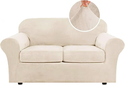 H.VERSAILTEX 3 Piece Stretch Sofa Covers Couch Covers for 2 Cushion Couch Loveseat Covers Width Up to 72 Inch Feature Thick Soft Stay in Place (Medium Sofa, Cream)
