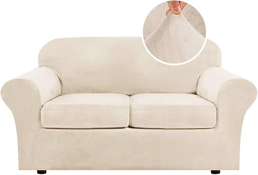 H.VERSAILTEX 3 Piece Stretch Sofa Covers Couch Covers for 2 Cushion Couch Loveseat Covers Width Up to 72 Inch Feature Thick Soft Stay in Place (Medium Sofa, Cream)