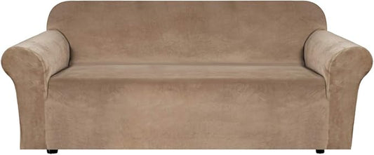 H.VERSAILTEX Stretch Velvet Sofa Covers for 3 Cushion Couch Covers Sofa Slipcovers Furniture Protector Soft with Non Slip Elastic Bottom, Crafted from Thick Comfy Rich Velour (Sofa 72"-90", Camel)