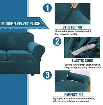 H.VERSAILTEX Velvet 4 Piece High Stretch Sofa Slipcover Cover Furniture Protector Form Fit Luxury Thick Velvet Extra Large Sofa Cover for 3 Cushion Couch Width Up to 105 Inch (XL Sofa, Deep Teal)