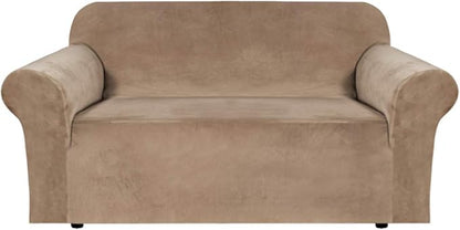 H.VERSAILTEX Stretch Velvet Loveseat Covers for 2 Cushion Couch Covers for Living Room Sofa Covers Slipcovers with Non Slip Straps Bottom, Ultra Thick Comfy Velour (Width 58"-72", Camel)