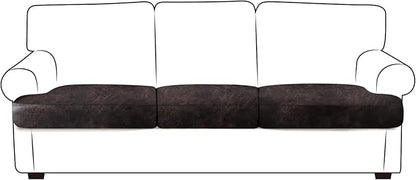 Leather Look Couch Cushion Covers Sofa Seat Slipcovers Sets Couches Furniture Protector for Sectional Armchair Loveseat Pets Kids Stretch Spandex Fabric (3 T-Cushion Sofa, Chocolate)