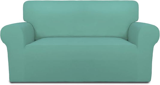 PureFit Super Stretch Sofa Slipcover – Spandex Non Slip Soft Couch Sofa Cover, Washable Furniture Protector with Non Skid Foam and Elastic Bottom for Kids, Pets （Loveseat, Cyan）