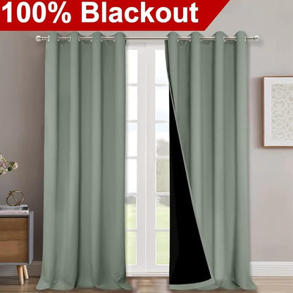 NICETOWN Full Shading Curtains 90 inches Long 2 Panels Set for Windows, Super Heavy-Duty Black Lined Blackout Curtains for Bedroom, Privacy Assured Window Treatment (Greyish Green, 52 inches W)