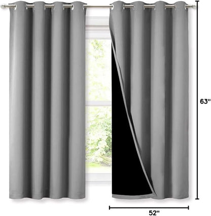 NICETOWN 100% Blackout Curtains with Black Liners, Thermal Insulated Full Blackout 2-Layer Lined Drapes, Energy Efficiency Window Draperies for Bedroom (Silver Grey, 2 Panels, 52-inch W by 63-inch L)