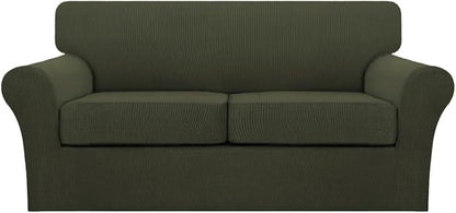 Turquoize 3 Piece Sofa Covers for 2 Cushion Couch Sofa Slipcover Soft Couch Cover for Dogs-Washable Sofa Furniture Cover with 2 Individual Cushion Covers, Feature Fabric (2 Cushion Sofa, Olive)