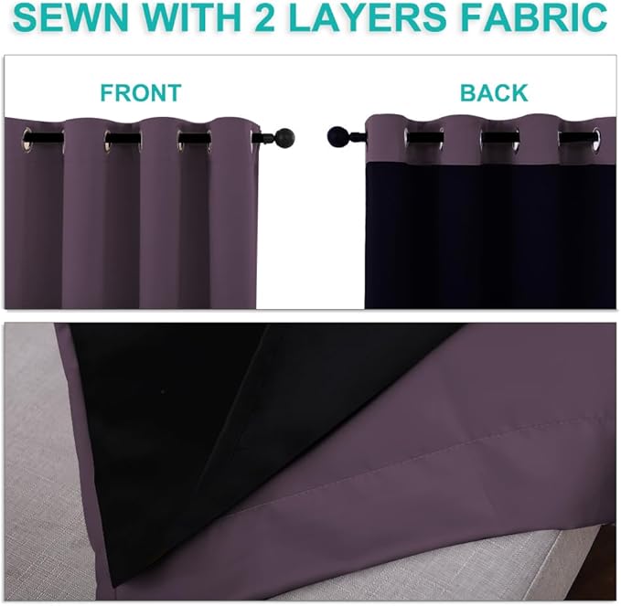 NICETOWN 100% Blackout Curtains 84 inches Long, Plum, 52 inches Wide, Pair of Energy Smart & Noise Blocking Out Drapes for Baby Room Window, Thermal Insulated Guest Room Lined Window Dressing