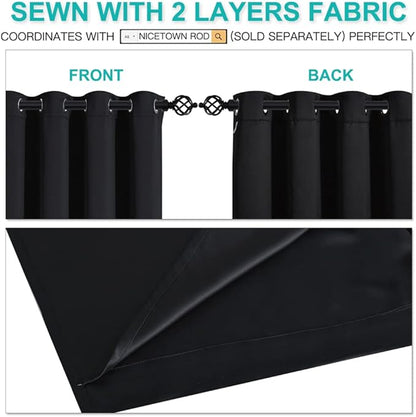 NICETOWN Truly Blackout Curtains 54 inches Length, 2 Thick Layers Completely Blackout Window Treatment Thermal Insulated Lined Drapes for Basement Window (Black, 1 Pair, 52 inches Width Each Panel)