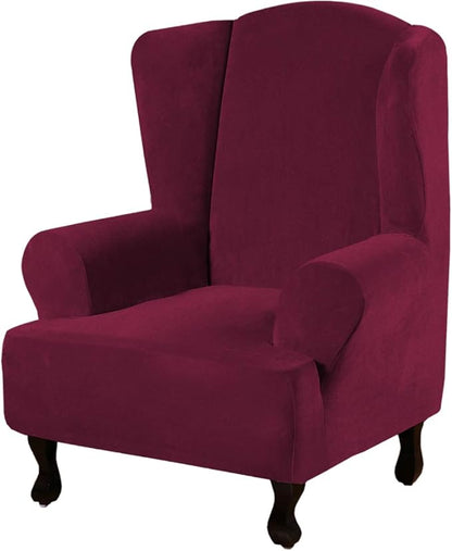 H.VERSAILTEX Wingback Chair Covers Velvet Plush Wing Chair Slipcover 1 Piece High Stretch Wing Back Chair Slipcovers Sofa Cover Furniture Cover with Elastic Bottom, Burgundy