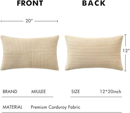 MIULEE Cream Decorative Lumbar Throw Pillow Covers 12x20 Inch for Couch Bed Sofa Pack of 2 Boho Neutral Farmhouse Throw Pillows Soft Cross Corduroy Patchwork Textured Cushion Cases