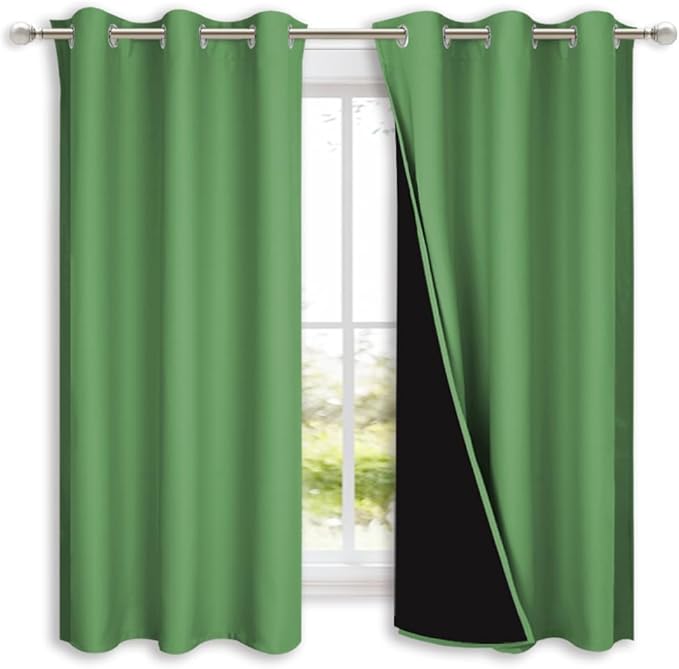 NICETOWN 100% Blackout Short Curtains with Black Liners, 2 Panels, 37" W by 60" L, Forest Green, Solid Thermal Insulated Full Blackout 2-Layer Lined Drapes, Energy Efficiency Window Drapes for Bedroom
