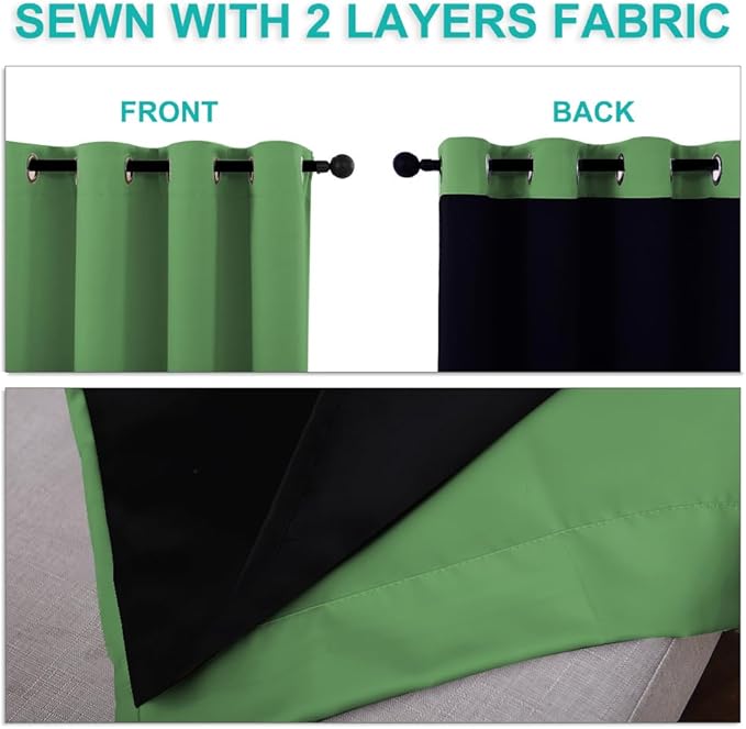NICETOWN 100% Blackout Short Curtains with Black Liners, 2 Panels, 37" W by 60" L, Forest Green, Solid Thermal Insulated Full Blackout 2-Layer Lined Drapes, Energy Efficiency Window Drapes for Bedroom