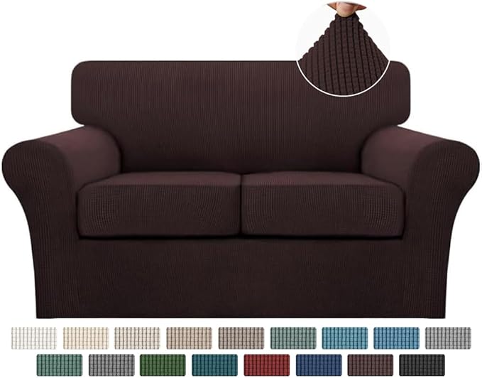 Turquoize 3 Piece Sofa Covers for 2 Cushion Couch Sofa Slipcover Soft Couch Cover for Dogs-Washable Sofa Furniture Covers with 2 Individual Cushion Covers, Thick Jacquard Fabric (Loveseat, Brown)