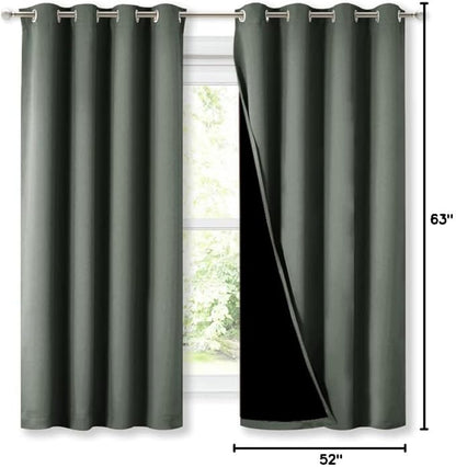 NICETOWN Dark Mallard 100% Blackout Lined Curtains, 2 Thick Layers Completely Blackout Window Treatment Thermal Insulated Drapes for Kitchen/Bedroom (1 Pair, 52" Width x 63" Length Each Panel)