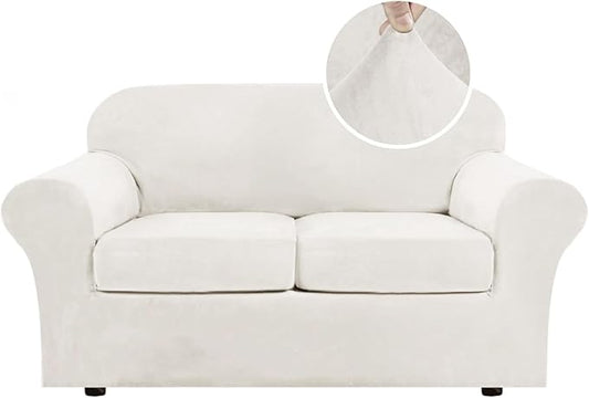 H.VERSAILTEX Real Velvet Plush 3 Piece Stretch Sofa Covers Couch Covers for 2 Cushion Couch Loveseat Covers Width Up to 72 Inch Feature Thick Soft Stay in Place (Medium Sofa, Porcelain White)