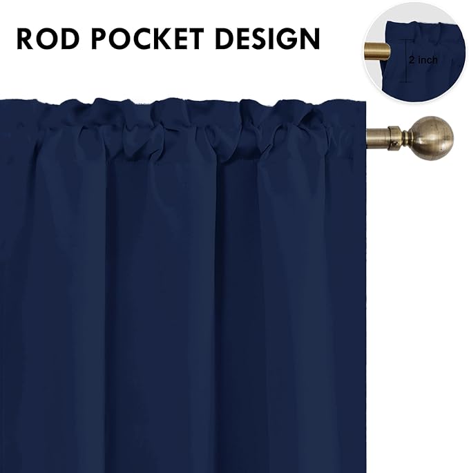 DWCN Navy Blue Blackout Curtains for Bedroom 63 Inches Long 2 Panels Set Window Drapes Thermal Insulated Room Darkening Rod Pocket Curtains for Kids Boys Room (W38 x L63 Inch, Navy Blue)