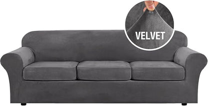 H.VERSAILTEX Velvet 4 Piece High Stretch Sofa Slipcover Cover Furniture Protector Form Fit Luxury Thick Velvet Extra Large Sofa Cover for 3 Cushion Couch Width Up to 105 Inch (XL Sofa, Gray)