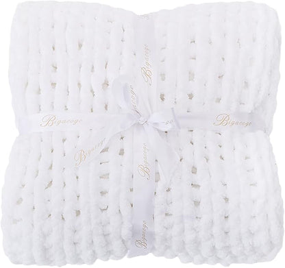 Bigacogo Chunky Knit Throw Blanket for Couch, 51x63 inches, 100% Hand Knitted with Thick Jumbo Chenille Yarn, Cozy Soft Large Rope Knot Cable Crochet Blankets for Sofa Bed Living Room, White