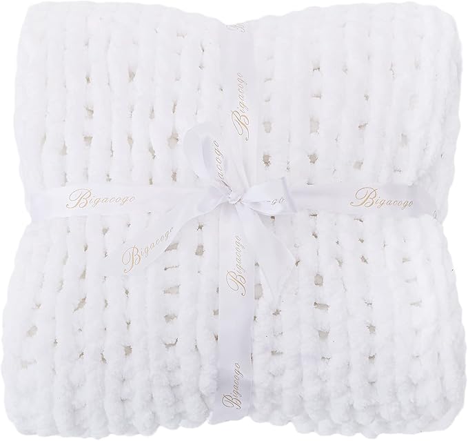 Bigacogo Chunky Knit Throw Blanket for Couch, 40x40 inches, 100% Hand Knitted with Thick Jumbo Chenille Yarn, Cozy Soft Large Rope Knot Cable Crochet Blankets for Sofa Bed Living Room, White