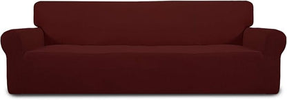Easy-Going Stretch 4 Seater Sofa Slipcover 1-Piece Sofa Cover Furniture Protector Couch Soft with Elastic Bottom for Kids, Polyester Spandex Jacquard Fabric Small Checks Wine