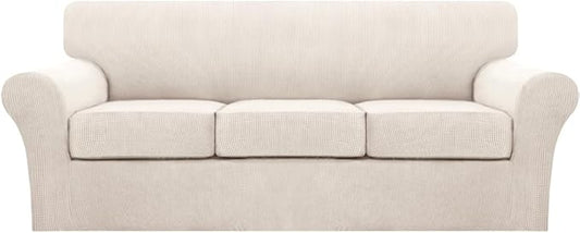 Turquoize 4 Piece Sofa Covers for 3 Cushion Couch Sofa Slipcover Soft Couch Cover for Dogs Washable Furniture Cover with 3 Individual Large Cushion Covers Feature Fabric (Large Sofa, Ivory)