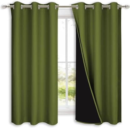 NICETOWN 100% Blackout Curtains 54" Long, Olive Green, 1 Pair, 42" Width Each Panel, Double-Deck Completely Blackout Window Treatment Thermal Insulated Lined Drapes for Small Window