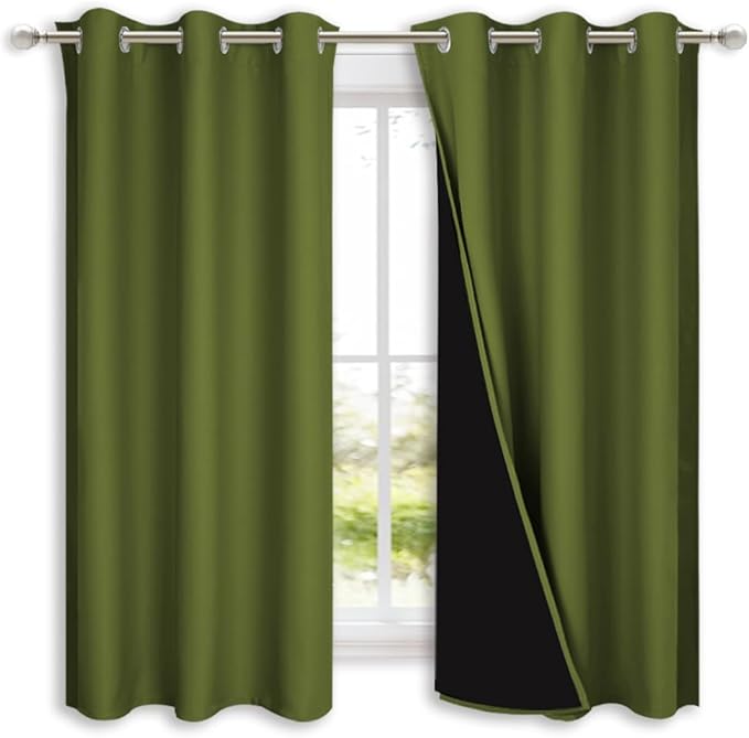 NICETOWN 100% Blackout Curtains 45 inches Long, Olive Green, 1 Pair, 42 inches Width Each Panel, 2 Thick Layers Completely Blackout Window Treatment Thermal Insulated Lined Drapes for Small Window