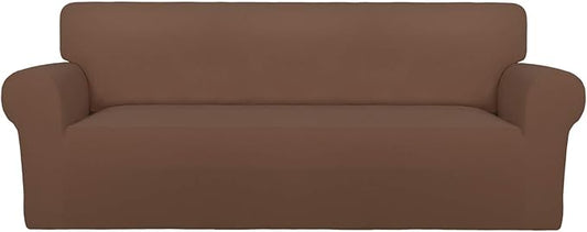 PureFit Super Stretch Sofa Slipcover – Spandex Non Slip Soft Couch Sofa Cover, Washable Furniture Protector with Non Skid Foam and Elastic Bottom for Kids, Pets （Sofa, Brown）