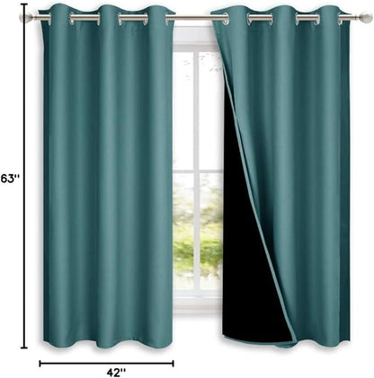 NICETOWN 100% Blackout Curtain Panels, Thermal Insulated Black Liner Curtains for Nursery Room, Noise Reducing and Cold Blocking Drapes for Windows (Set of 2, Sea Teal, 42-inch Wide x 63-inch Long)