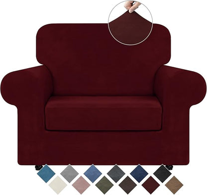 WEERRW Velvet Stretch Chair Sofa Slipcover - 2 Pieces Luxury Soft Velvet Plush Couch Cover Furniture Protector with Elastic Bottom for Pets, Machine Washable, Burgundy, Small