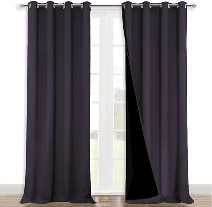 NICETOWN 100% Blackout Curtains for Windows, Pack of 2, Greyish Purple, 52" W x 120" L, Super Heavy-Duty Black Lined Total Darkness Drapes for Bedroom, Privacy Assured Window Treatment for Patio