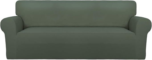 PureFit Super Stretch Sofa Slipcover – Spandex Non Slip Soft Couch Sofa Cover, Washable Furniture Protector with Non Skid Foam and Elastic Bottom for Kids, Pets （Oversized Sofa, Grayish Green）