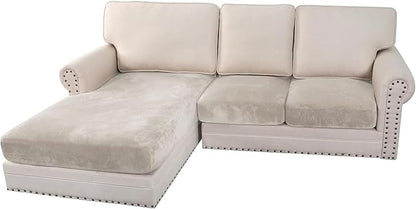 H.VERSAILTEX Velvet Stretch 3-Piece L Shape Sectional Couch Covers (Large 2 Seater + 1 Chaise, Oatmeal)