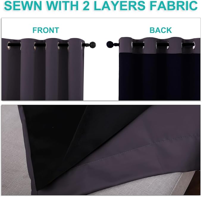 NICETOWN 100% Blackout Window Curtain Panels, Greyish Purple, 2 PCs, 62" Wide Each Panel, Cold and Full Light Blocking Drapes with Black Liner for Nursery, 84 inches Drop Thermal Insulated Draperies