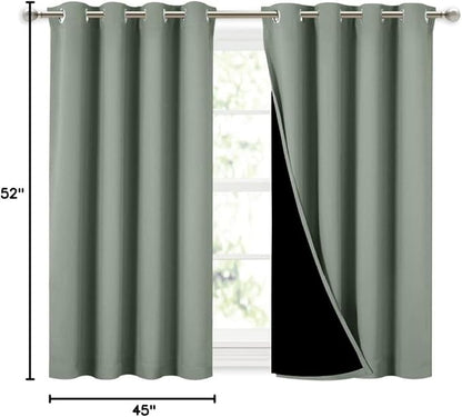NICETOWN Greyish Green 100% Blackout Curtains 45 inches Long, 2 Thick Layers Completely Blackout Window Treatment Thermal Insulated Lined Drapes for Small Window (1 Pair, 52 inches Width Each Panel)
