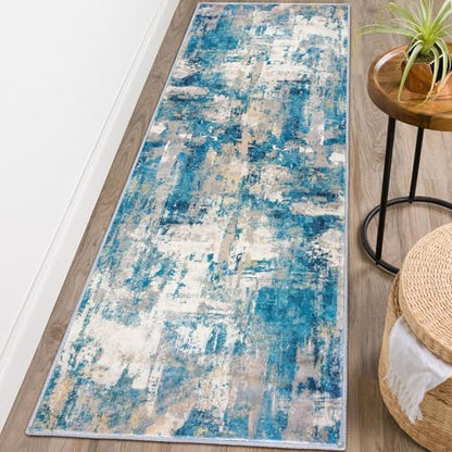 KOZYFLY Modern Abstract Runner Rug 2x6 Turquoise/Beige/Grey/Yellow Runners for Hallways Kitchen Rug Non Slip Washable Carpet Rug Runner Laundry Mat with Soft Low Pile for Entryway Bathroom Bedroom